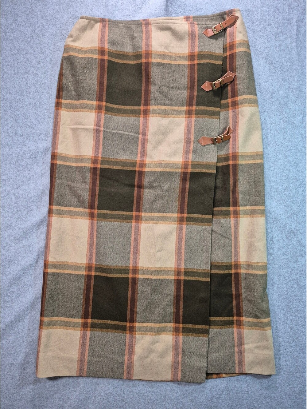 Rena Rowan Size 12 Plaid Kilt Style Midi Skirt Buckle Wrap Stretch